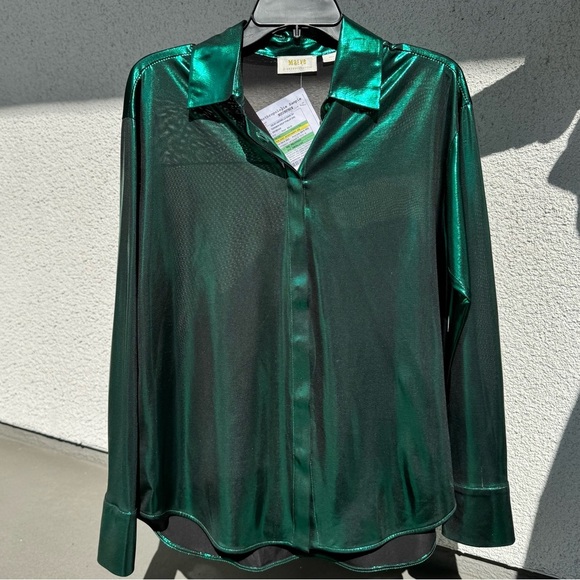 NWT Anthropologie green shiny Button‎ down Shirt size small - Picture 2 of 7
